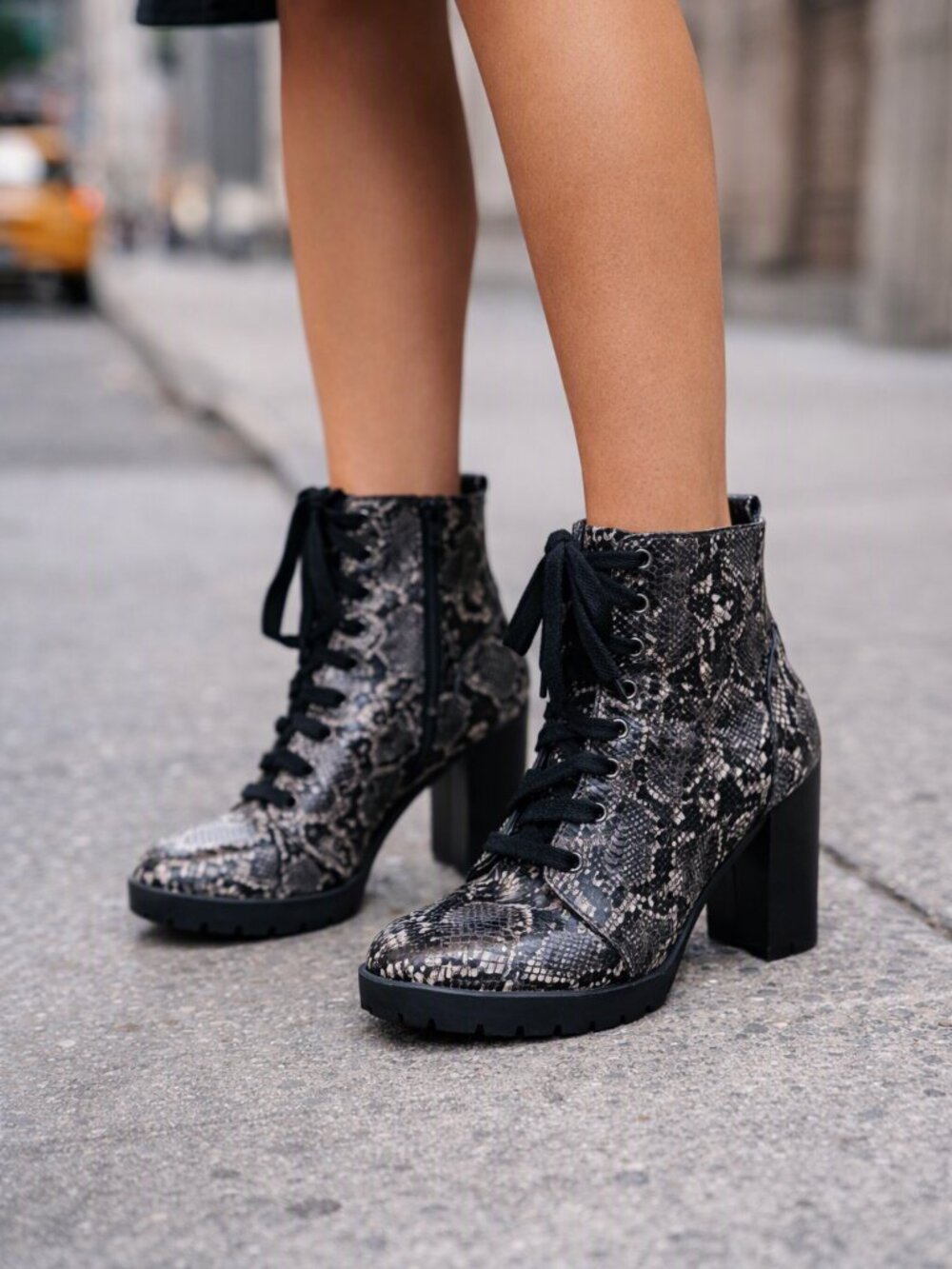 Time and Tru Black Snake-Print Lace-Up Block Heel Ankle Boots